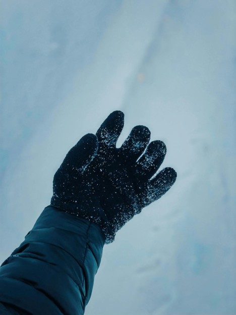 A hand in black gloves sparsely covered in snow