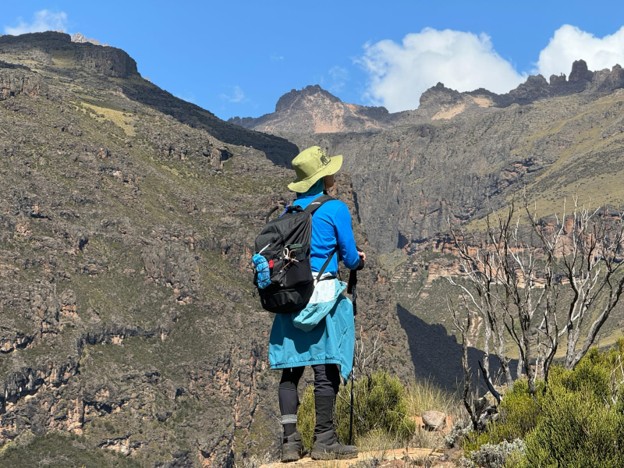 Hiker wearing sun hat, carrying bag and trekking poles standing on a ridge looking at the landscape