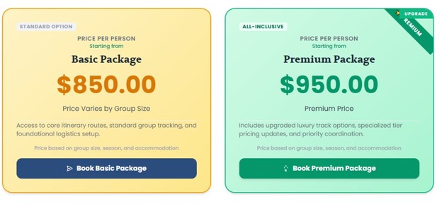 basic and premium pricing for tours that have premium options with upgraded camping logistics