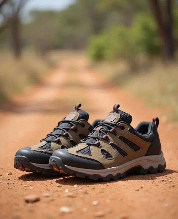 Comfortable walking shoes worn by safari travellers placed on a dirt road