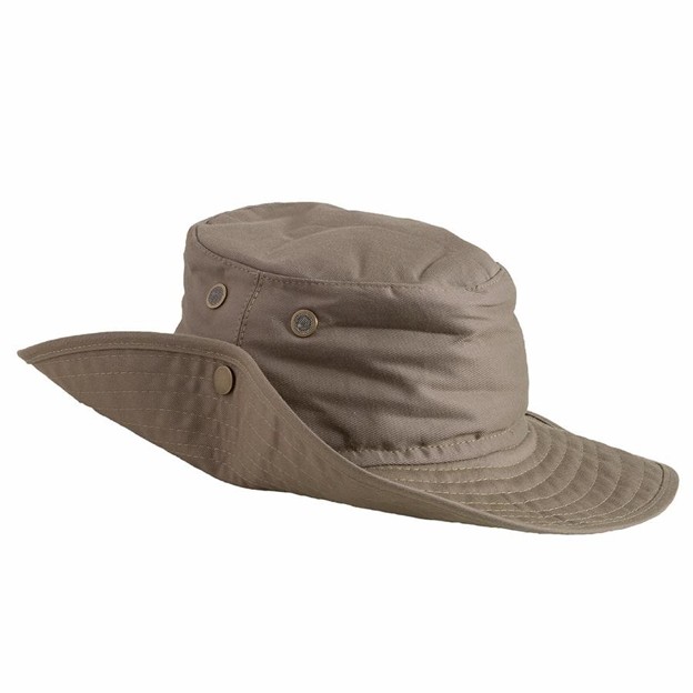 A light brown, wide-brim safari hat